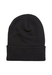 Zwarte gebreide beanie met een opgerolde rand. Gemaakt van zachte, gestructureerde stof met een gladde afwerking, met een naadloze kroon en zonder zichtbare logo's.