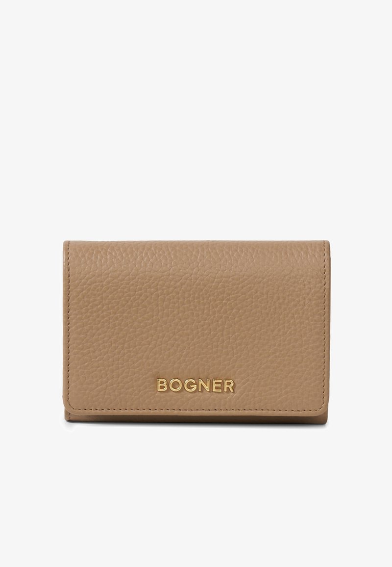 Tan textured leather wallet with gold BOGNER logo centered on front flap, rectangular shape with stitched edges.