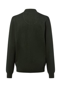 Dunkelgrüner Pullover, Strickstoff, runder Ausschnitt, lange Ärmel, gerippte Bündchen und Saum, nahtloses Schulterdesign, glatte Textur, klassische Passform.