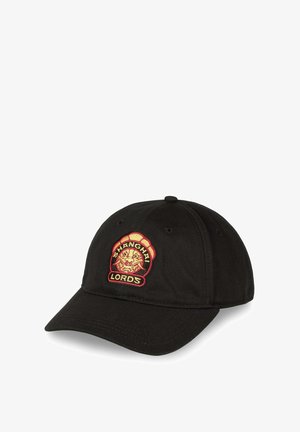 Cappellino da baseball nero in cotone con visiera curva. Presenta un patch ricamato rosso e giallo con la scritta "SHANGHAI LORDS" e un design di leone.