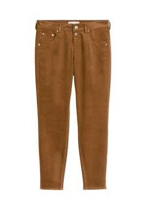 Jeans in velluto a coste marrone con un design aderente, dotati di tasche anteriori piatte, due bottoni in ottone e cuciture sottili lungo i lati.