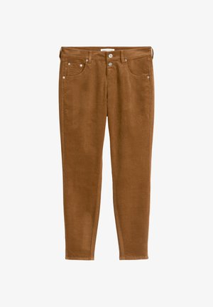 Braune Cordhose mit schmaler Passform, ausgestattet mit flachen vorderen Taschen, zwei Messingknöpfen und dezenten Nähten entlang der Seiten.
