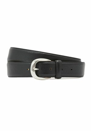 Black textured leather belt with silver oval buckle and multiple adjustment holes, coiled on white background.