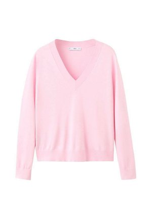 Svijetloružičasti dugi džemper s V-izrezom i rebrastim manšetama i rubom, prikazan na bijeloj pozadini.