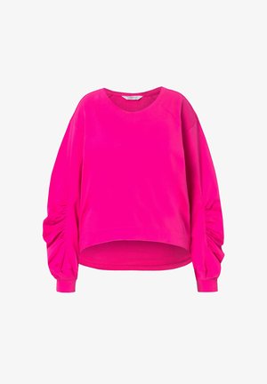 Fuchsia sweatshirt met een ronde hals, aansluitende manchetten en volumineuze pofmouwen. Gemaakt van zacht materiaal met een gladde textuur.