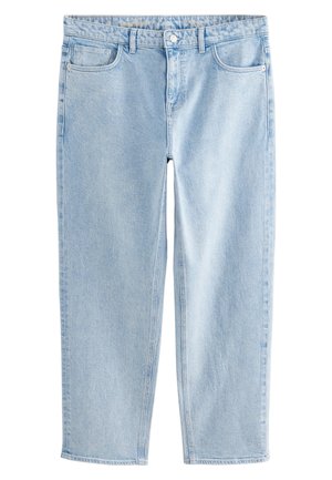 Svijetloplave traperice ravnog kroja s pet džepova, zatvaranjem na kopču i minimalnim detaljima šavova.