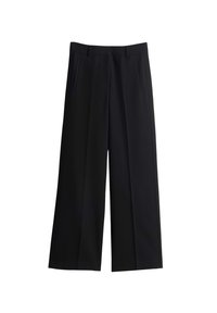 Pantalons larges noirs en tissu lisse. Comprend un devant plissé et des poches latérales. Design ajusté avec une finition soignée.