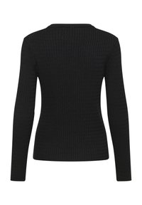 Black long-sleeve sweater featuring a textured pattern, fitted design, and a round neckline, made from a soft, knitted fabric.