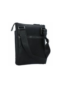 Borsa in pelle nera con tracolla regolabile, chiusura con zip, tasca laterale con zip e superficie liscia. Forma rettangolare strutturata.