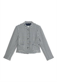 Giacca a quadri houndstooth blu navy e bianco con colletto alla mandarino, maniche lunghe, chiusura con bottoni e due tasche laterali. Tessuto intrecciato texturizzato.