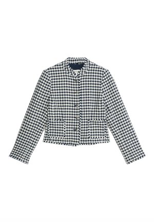 Navy and white houndstooth jacket with a mandarin collar, long sleeves, button front, and two side pockets. Textured woven fabric.