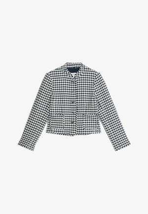Marineblauwe en witte houndstooth jas met een mandarin kraag, lange mouwen, knopen voorkant en twee zijzakken. Gelaagd geweven stof.