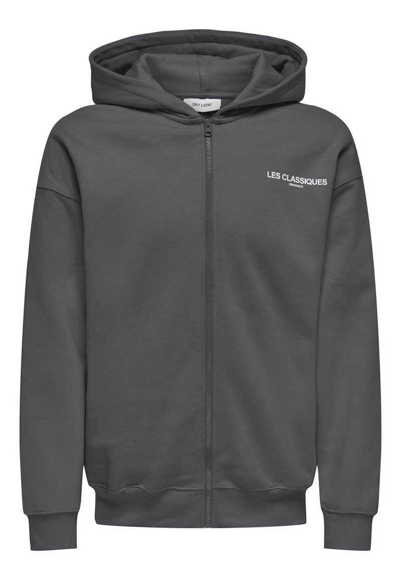 Grijze ritssluiting hoodie van zacht materiaal, met een rits aan de voorkant en een capuchon. Inclusief witte tekst "LES CLASSIQUES" op de borst.