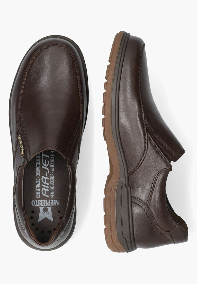 Brown leather slip-on shoes with a smooth finish, rounded toe, and textured rubber sole. Features subtle stitching and ventilation holes.