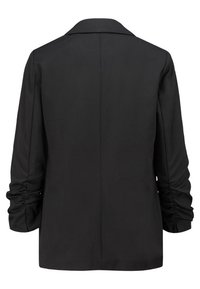 Blazer negro con un collar estructurado, mangas largas y detalle fruncido en los puños. Diseño entallado con una textura suave. Vista trasera mostrada.