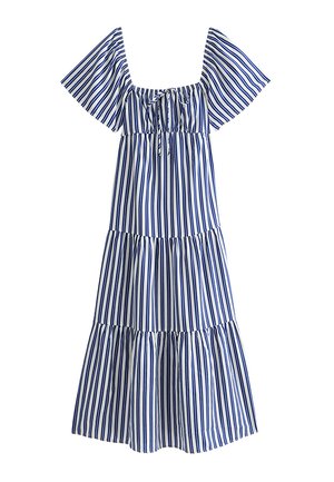 Vestido midi de vuelo con rayas verticales azules y blancas, mangas cortas abullonadas y escote cuadrado con detalle de lazo en la parte delantera.