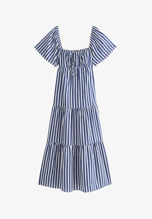 Blauw-wit gestreepte midi-jurk met plooien, korte pofmouwen en een vierkante halslijn met strikdetail aan de voorkant.