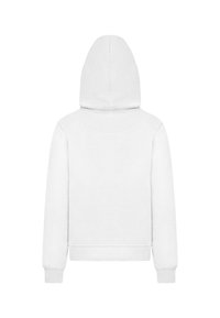Biała bluza z kapturem o miękkiej teksturze, z ribbowymi mankietami i dołem. Prosty, czysty design, bez widocznych logo czy wzorów.