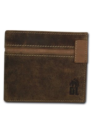 Brown leather wallet with a textured finish, featuring two card slots, contrasting tan accents, and embossed logo detailing.