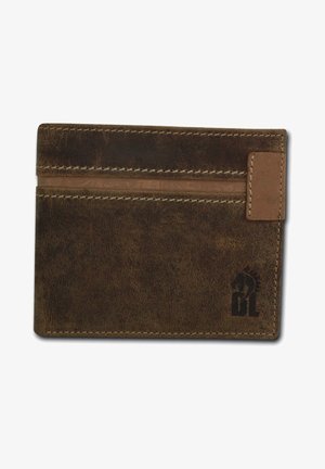 Portefeuille en cuir marron avec une finition texturée, comportant deux emplacements pour cartes, des accents beiges contrastants et des détails en logo embossé.