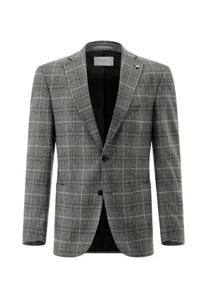 Men’s single-breasted gray plaid blazer with two buttons, notch lapel, front pockets, and black inner lining.
