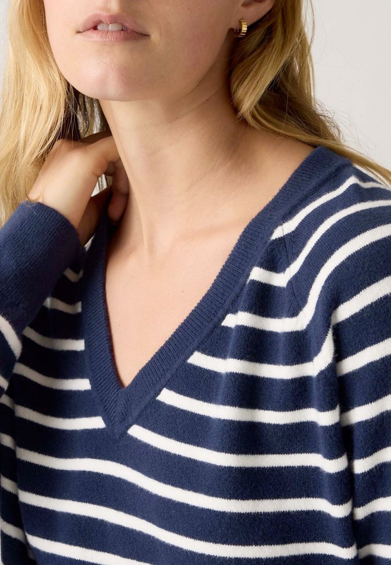 Maglione a righe blu navy e bianche con scollatura a V, realizzato in materiale morbido. Presenta polsini a costine e una vestibilità comoda.