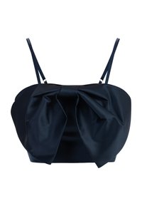 Satin marineblå crop top med bred sløjfedesign foran, tynde stropper og en struktureret silhuet med blød tekstur.