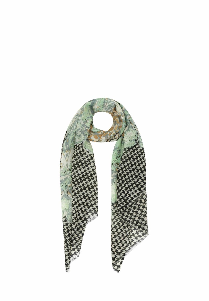 Lightweight scarf featuring an abstract green and orange pattern on one side and a black and white houndstooth pattern on the other.
