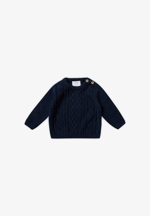 Pull en tricot bleu marine avec un motif en torsades, des manches longues et deux boutons décoratifs dorés sur l'épaule gauche.