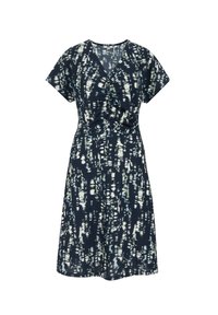 Robe bleu marine à manches courtes, décolleté en V et tissu texturé. Présente un motif abstrait blanc et des fronces à la taille pour une silhouette ajustée.