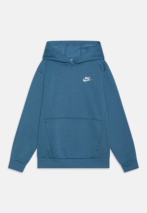 Sudadera con capucha azul hecha de tela suave, con un bolsillo frontal, que presenta un logo de Nike blanco en el lado izquierdo del pecho y puños acanalados.