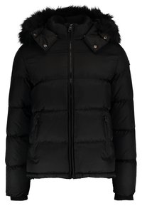 Black puffer jacket with a faux fur hood, zippered front, two side pockets, quilted texture, and ribbed cuffs for a snug fit.