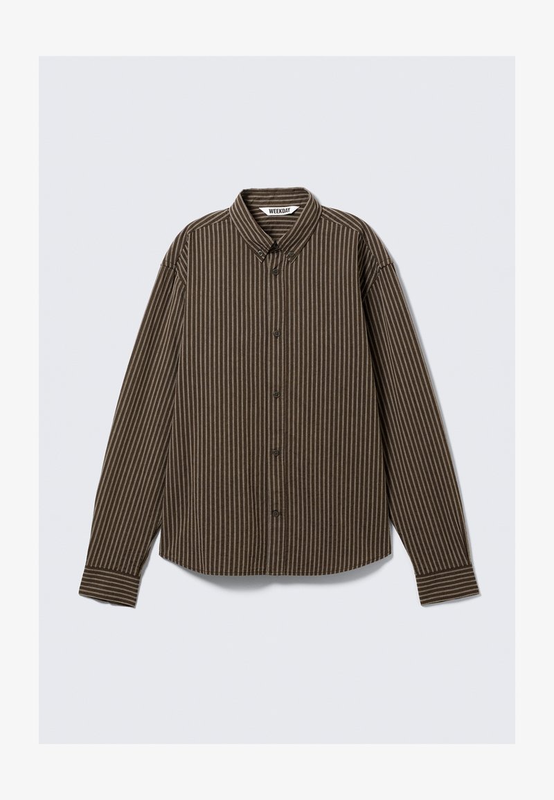 Brown striped long-sleeve shirt with a button-down collar and a straight cut. Features subtle alternating light and dark stripes across the fabric.