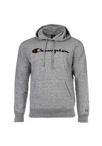 Sivá mikina s kapucňou, s nápisom "Champion" v čiernej písanej norme a malým logom v červenej farbe. Na prednej strane je klokanie vrecko.
