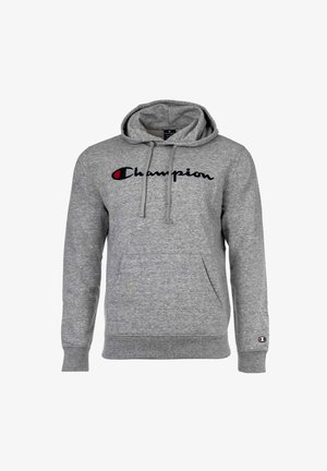 Grauer Kapuzenpullover mit der Aufschrift "Champion" in schwarzer Schreibschrift und einem kleinen roten Logo. Kängurutasche vorne.