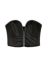 Top corset negro sin tirantes con una textura suave, diseño estructurado y ribete de rhinestone a lo largo de los bordes. Presenta un cierre de cremallera en la parte frontal.