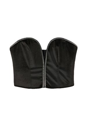 Černý korzet bez ramínek s hladkým povrchem, strukturovaným designem a třpytivými kamínky podél okrajů. Disponuje zipovým zapínáním vpředu.