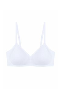 White, wireless bra with adjustable straps and a smooth fabric texture. Features a triangular shape and minimalistic design.