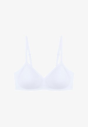 Witte, draadloze bh met verstelbare bandjes en een gladde stoftextuur. Heeft een driehoekige vorm en een minimalistisch ontwerp.