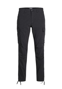 Black cargo pants with a straight fit, made from cotton blend fabric, featuring multiple side pockets and adjustable drawstrings at the hem.