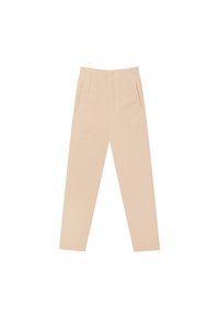 Beige high-waisted trousers with a straight fit, featuring two side pockets and front pleats, made from a smooth, lightweight fabric.