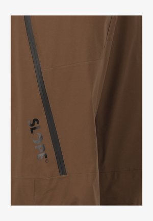 Veste imperméable marron avec une texture lisse. Dotée d'une fermeture éclair noire verticale et du logo "SLOPE" sur le bas du devant.