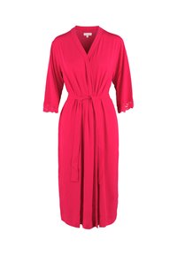 Robe rosa realizzato in tessuto morbido, con un design avvolgente, maniche a ¾ e dettagli in pizzo sui polsini, fissato con una cintura abbinata.