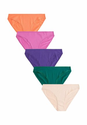 Cinq paires de culottes pour femmes de couleurs variées : orange, rose, violet, vert et beige. Fabriquées en tissu lisse et extensible avec des bords sans couture.