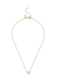 Gold-toned necklace with a fine chain, featuring a butterfly pendant. Pendant has subtle detailing with a smooth finish. Adjustable clasp.