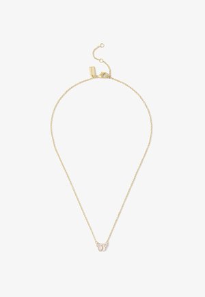 Gold-toned necklace with a fine chain, featuring a butterfly pendant. Pendant has subtle detailing with a smooth finish. Adjustable clasp.