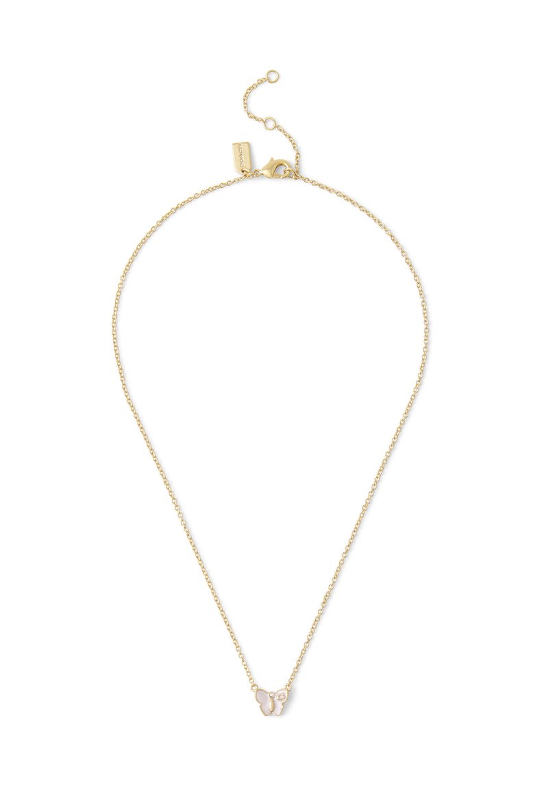 Gold-toned necklace with a fine chain, featuring a butterfly pendant. Pendant has subtle detailing with a smooth finish. Adjustable clasp.