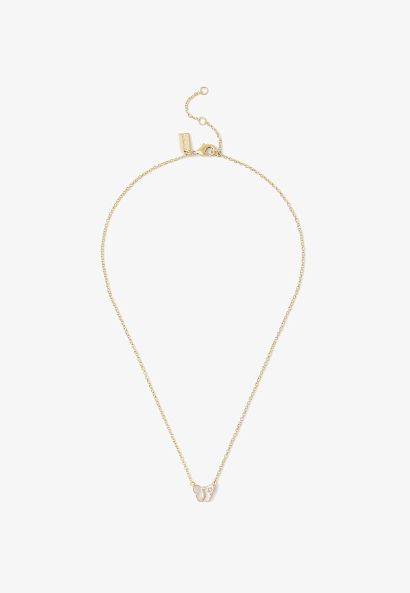 Gold-toned necklace with a fine chain, featuring a butterfly pendant. Pendant has subtle detailing with a smooth finish. Adjustable clasp.