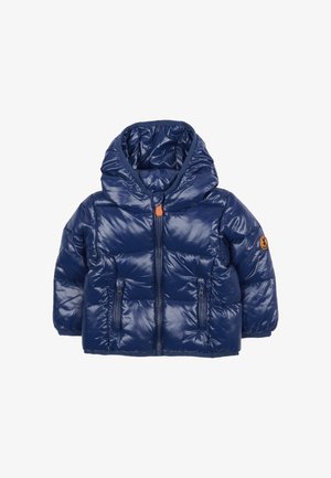 Granatowa kurtka puchowa z kapturem, wykonana z błyszczącego materiału, z zamkiem błyskawicznym z przodu oraz dwiema kieszeniami zapinanymi na zamek.