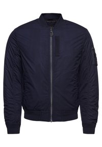 Navy bomber jacket made of lightweight, textured fabric, featuring a front zipper, ribbed cuffs, and utility pocket on the left sleeve.